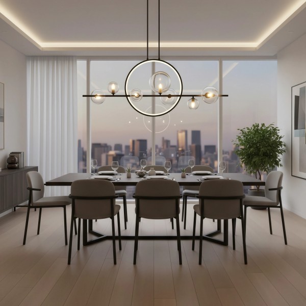 Снимка на Висящ полилей с LED ринг и 7 стъклени сфери Carina Single Line (100 см) - Висящи лампи