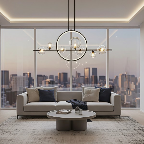 Снимка на Висящ полилей с LED ринг и 7 стъклени сфери Carina Single Line (100 см) - Висящи лампи