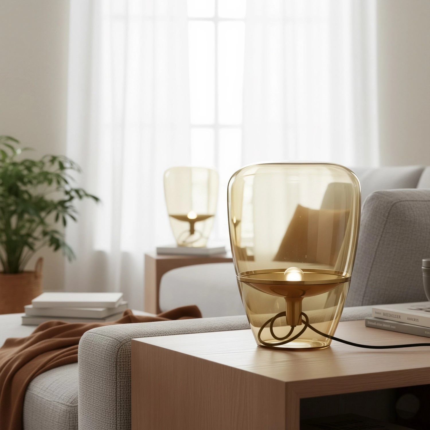 Снимка на Настолна лампа със стъклен абажур и медна основа Neron (40 см) - Настолни лампи