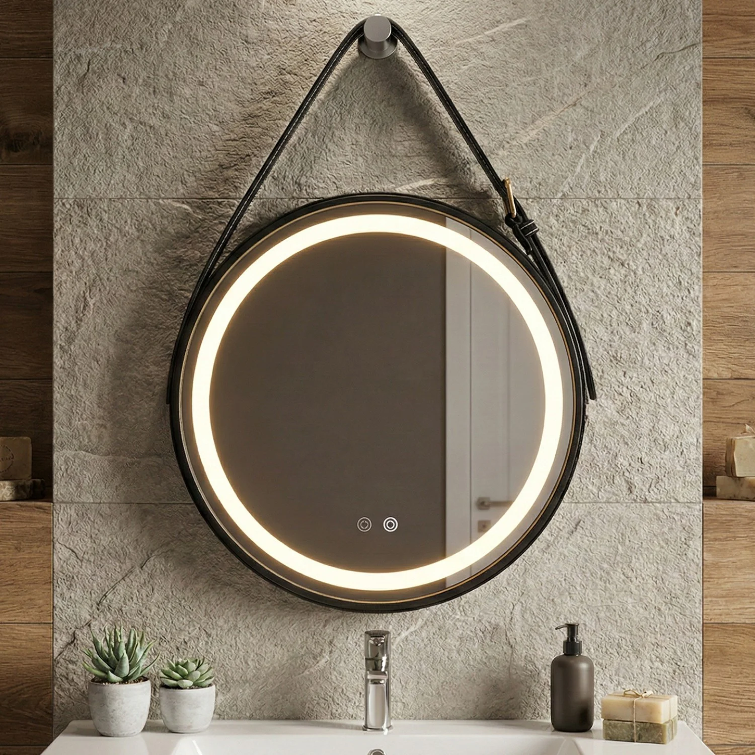 Снимка на Кръгло LED огледало с кожен колан Strap 60cm | Anti Fog | Touch Control