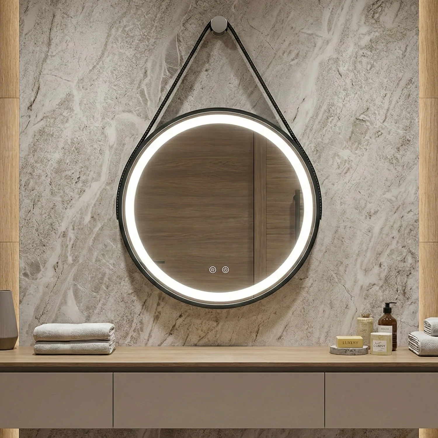 Снимка на Кръгло LED огледало Leather | Кожен колан | 60cm | Anti Fog | Touch Control