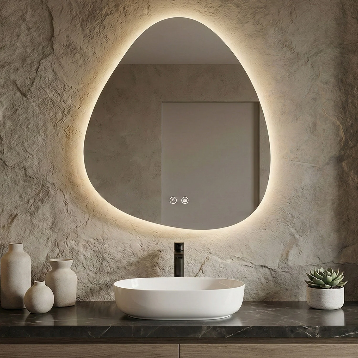 Детайлно изображение на LED огледало Drop 60cm | Асиметрична Капка | Anti Fog | Touch Control Снимка на LED огледало Drop 60cm | Асиметрична Капка | Anti Fog | Touch Control