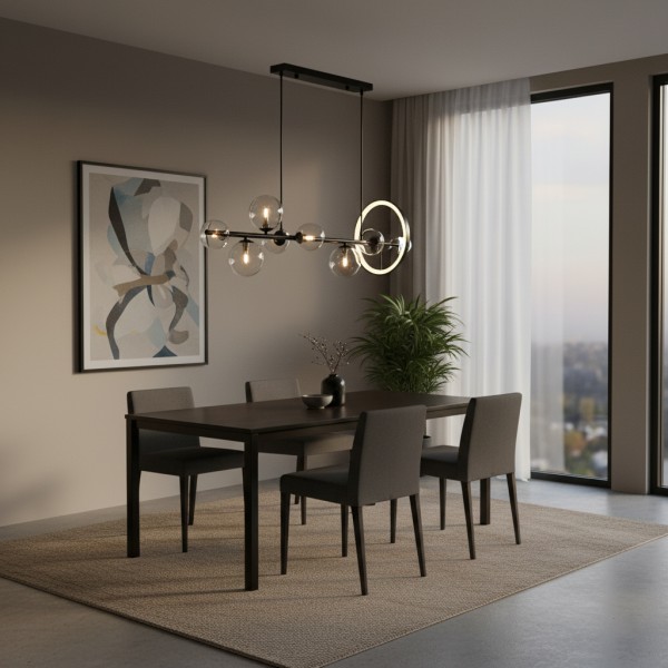 Детайлно изображение на Висящ полилей с LED ринг и 7 стъклени сфери Carina Line 7 (90 см) Снимка на Висящ полилей с LED ринг и 7 стъклени сфери Carina Line 7 (90 см) - Висящи лампи