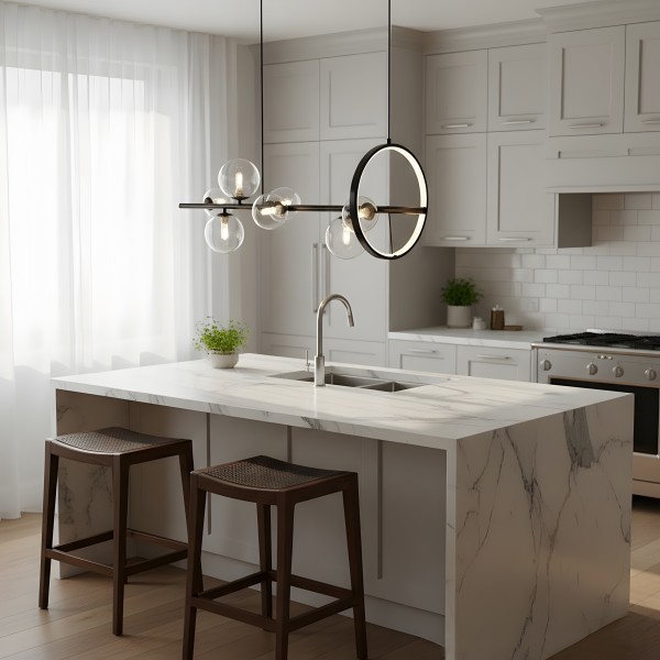 Детайлно изображение на Висящ полилей с LED ринг и 7 стъклени сфери Carina Line 7 (90 см) Снимка на Висящ полилей с LED ринг и 7 стъклени сфери Carina Line 7 (90 см) - Висящи лампи