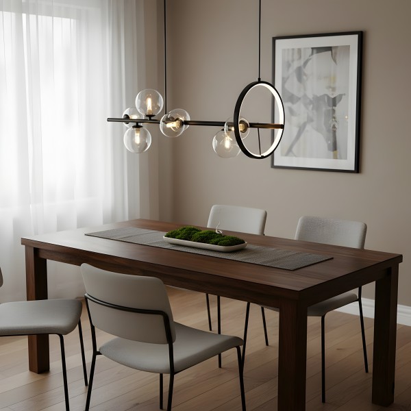 Детайлно изображение на Висящ полилей с LED ринг и 7 стъклени сфери Carina Line 7 (90 см) Снимка на Висящ полилей с LED ринг и 7 стъклени сфери Carina Line 7 (90 см) - Висящи лампи