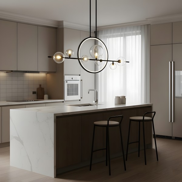 Снимка на Висящ полилей с LED ринг и 7 стъклени сфери Carina Single Line (100 см) - Висящи лампи