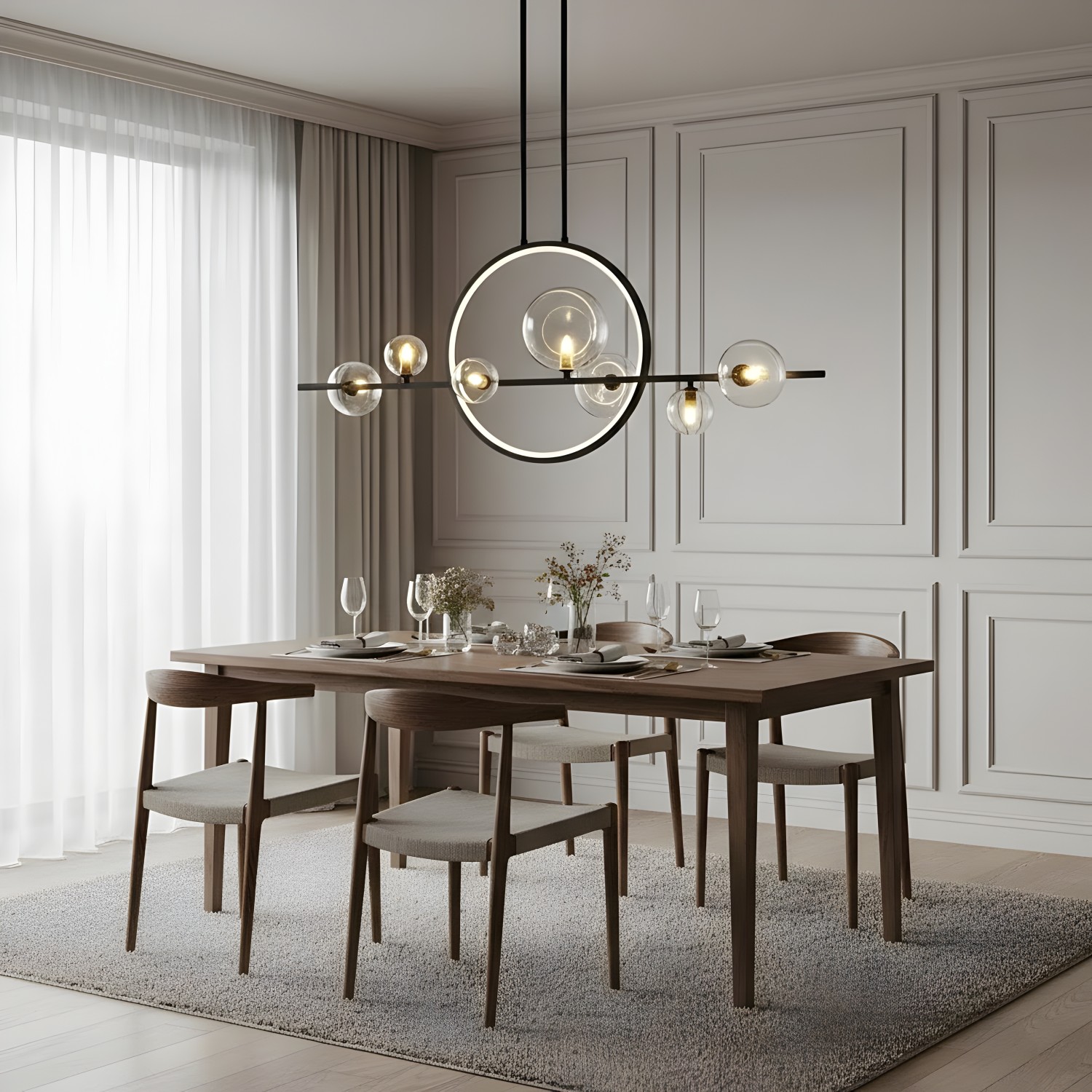 Снимка на Висящ полилей с LED ринг и 7 стъклени сфери Carina Single Line (100 см) - Висящи лампи