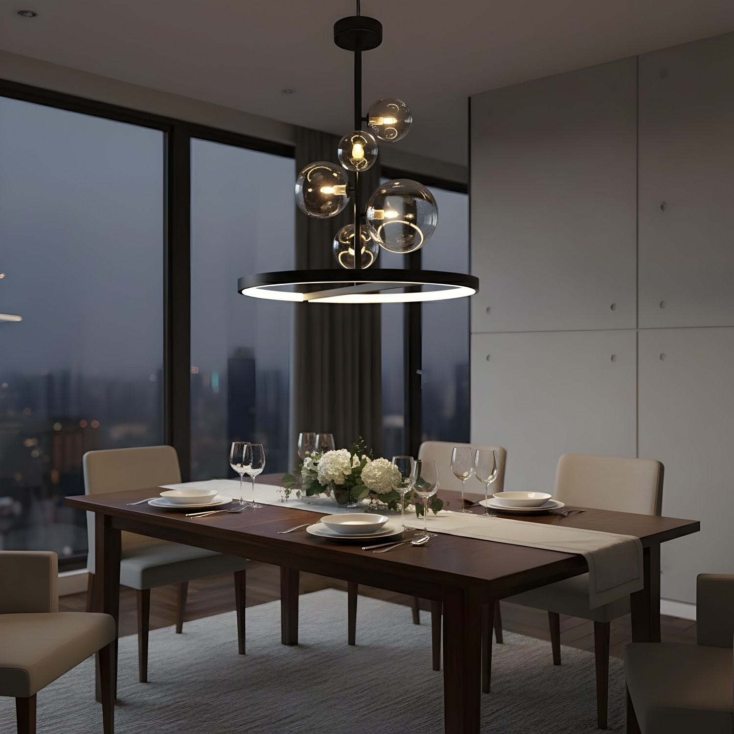 Снимка на Висящ полилей със стъклени сфери и LED ринг Carina Vertical - Хол и дневна