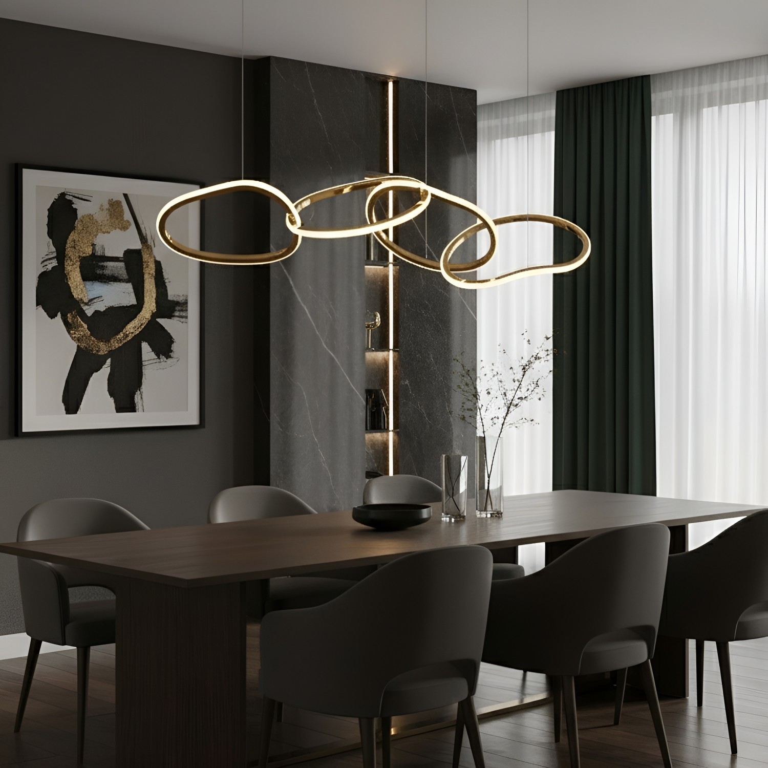 Снимка на LED полилей Meridian | Висящи халки | Златист | Черен | 35W | 3000K
