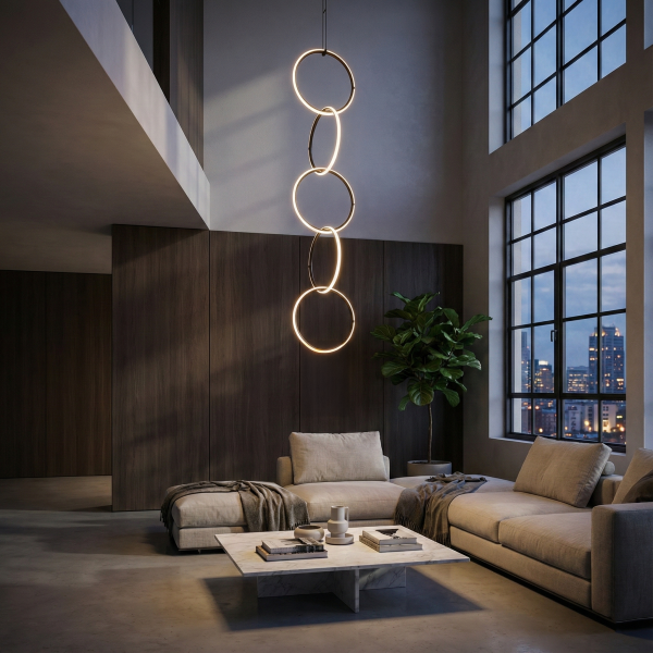 Детайлно изображение на Висящ LED полилей Balans 5 | Пет светещи пръстена | 95W | 3000K | Черен Снимка на Висящ LED полилей Balans 5 | Пет светещи пръстена | 95W | 3000K | Черен