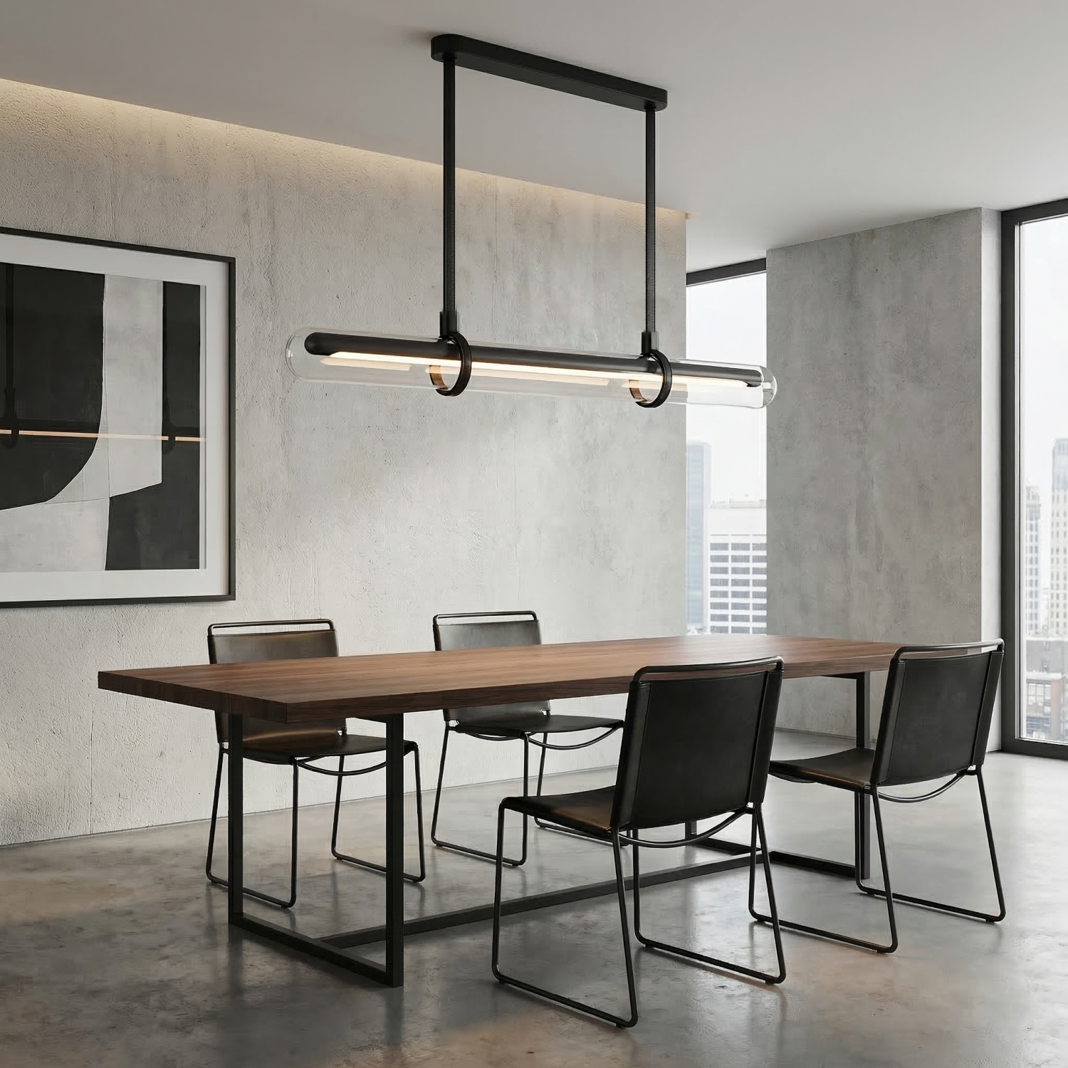 Детайлно изображение на Висяща LED лампа Bar | Стъклен цилиндър с кожени окачвачи | 3000K Снимка на Висяща LED лампа Bar | Стъклен цилиндър с кожени окачвачи | 3000K