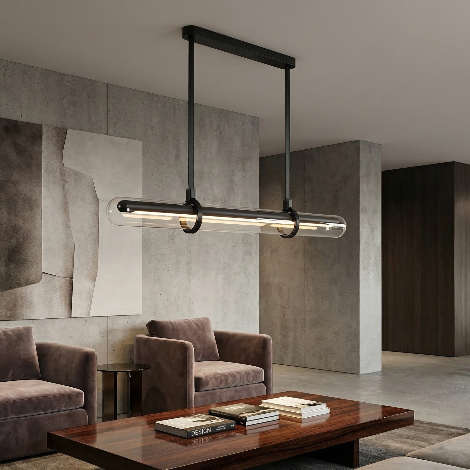 Детайлно изображение на Висяща LED лампа Bar | Стъклен цилиндър с кожени окачвачи | 3000K Снимка на Висяща LED лампа Bar | Стъклен цилиндър с кожени окачвачи | 3000K