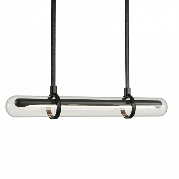 Детайлно изображение на Висяща LED лампа Bar | Стъклен цилиндър с кожени окачвачи | 3000K Снимка на Висяща LED лампа Bar | Стъклен цилиндър с кожени окачвачи | 3000K