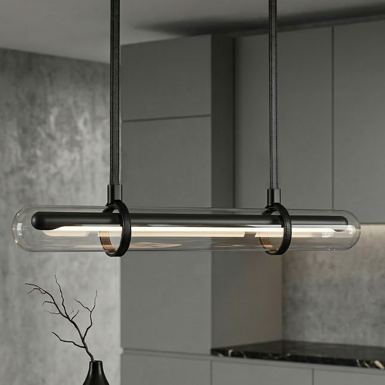 Детайлно изображение на Висяща LED лампа Bar | Стъклен цилиндър с кожени окачвачи | 3000K Снимка на Висяща LED лампа Bar | Стъклен цилиндър с кожени окачвачи | 3000K