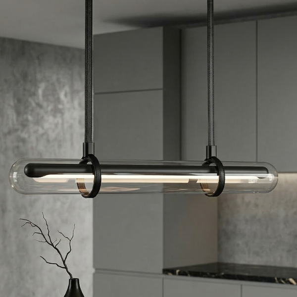 Детайлно изображение на Висяща LED лампа Bar | Стъклен цилиндър с кожени окачвачи | 3000K Снимка на Висяща LED лампа Bar | Стъклен цилиндър с кожени окачвачи | 3000K