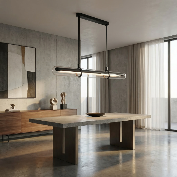 Детайлно изображение на Висяща LED лампа Bar | Стъклен цилиндър с кожени окачвачи | 3000K Снимка на Висяща LED лампа Bar | Стъклен цилиндър с кожени окачвачи | 3000K