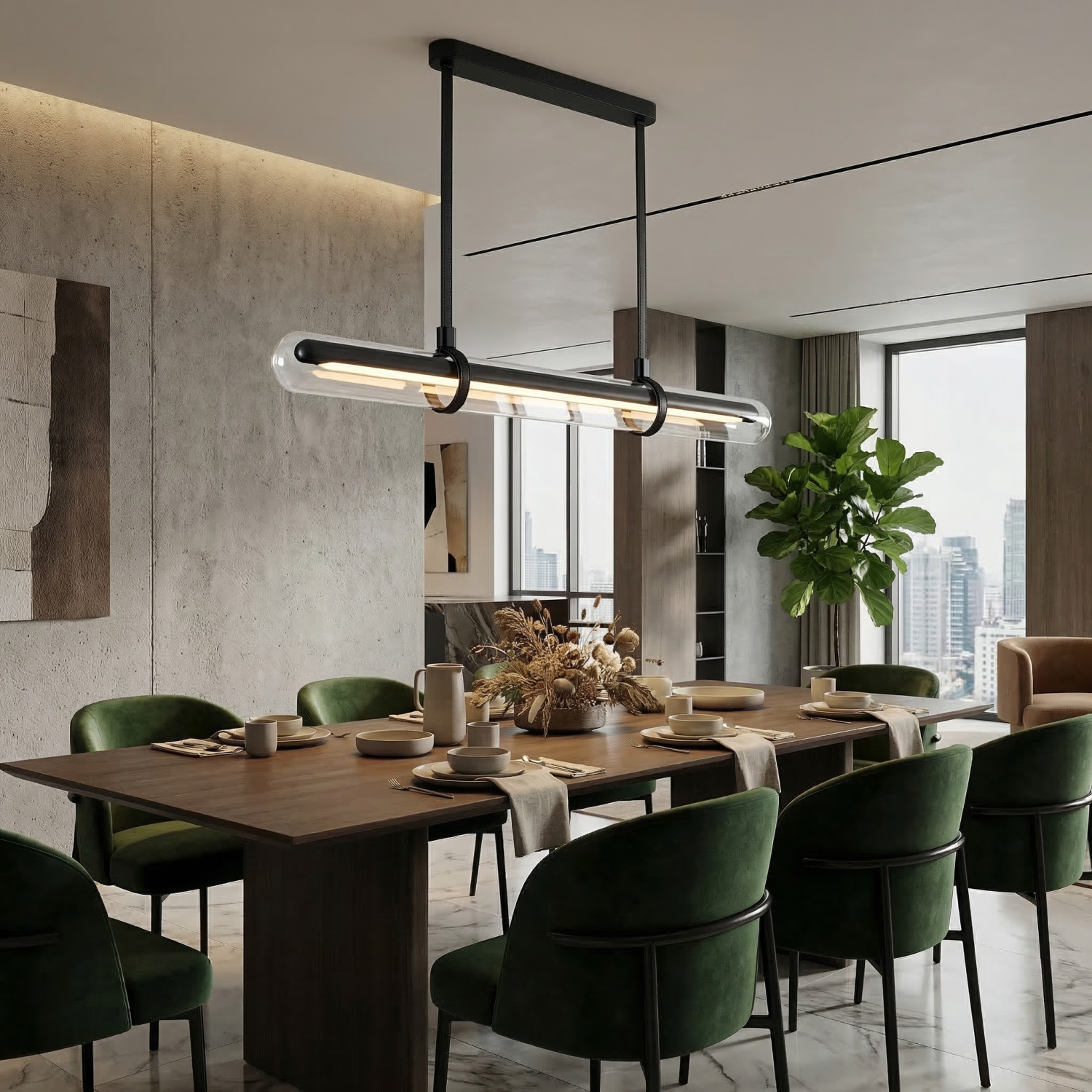 Детайлно изображение на Висяща LED лампа Bar | Стъклен цилиндър с кожени окачвачи | 3000K Снимка на Висяща LED лампа Bar | Стъклен цилиндър с кожени окачвачи | 3000K