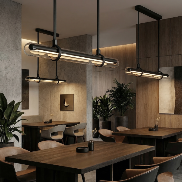 Детайлно изображение на Висяща LED лампа Bar | Стъклен цилиндър | Кожени окачвачи | 3000K Снимка на Висяща LED лампа Bar | Стъклен цилиндър | Кожени окачвачи | 3000K