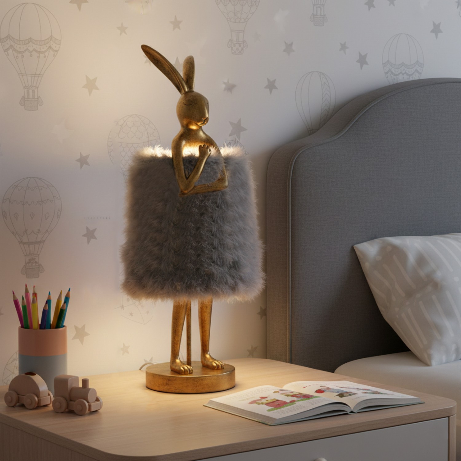 Снимка на Декоративна настолна лампа Bunny Fluffy | Зайче със сива рокля | 51cm