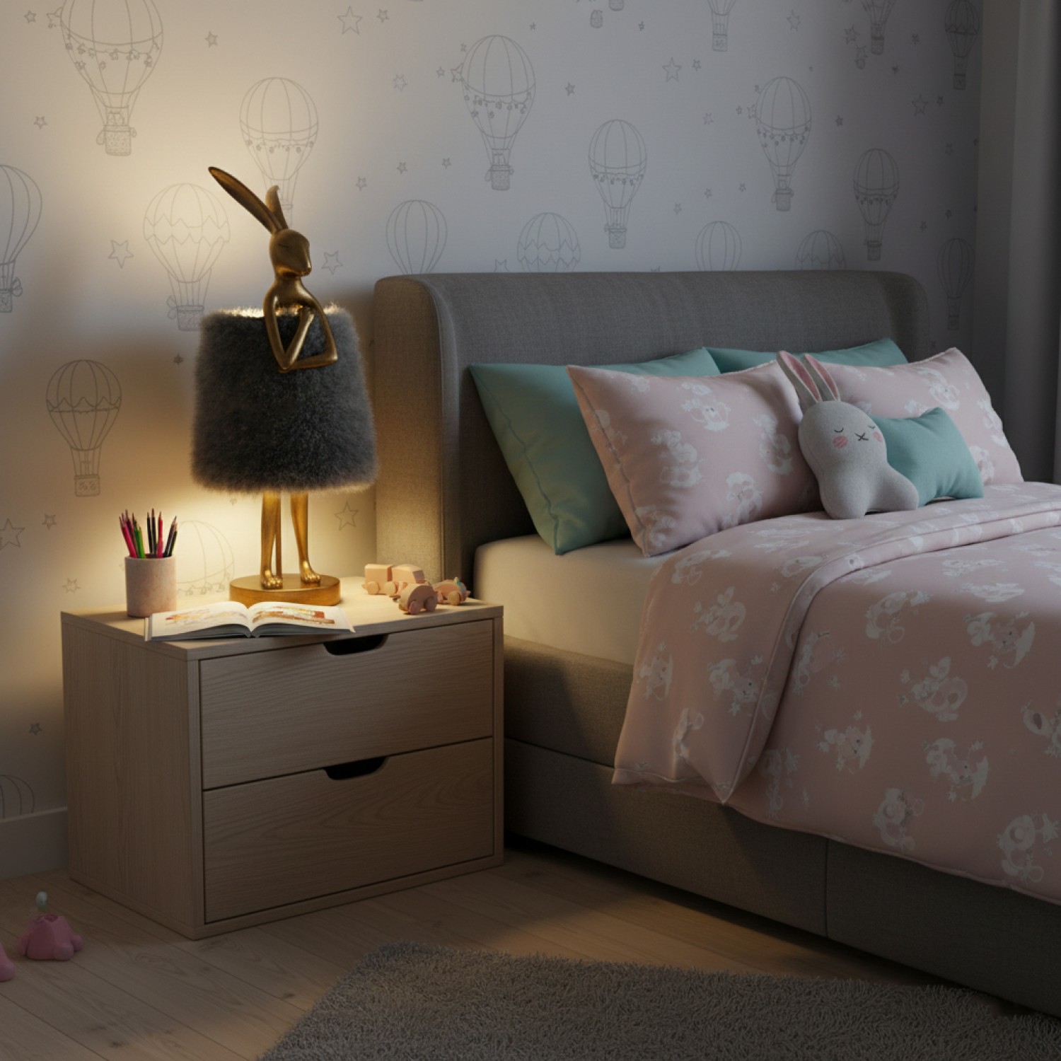 Снимка на Декоративна настолна лампа Bunny Fluffy | Зайче със сива рокля | 51cm