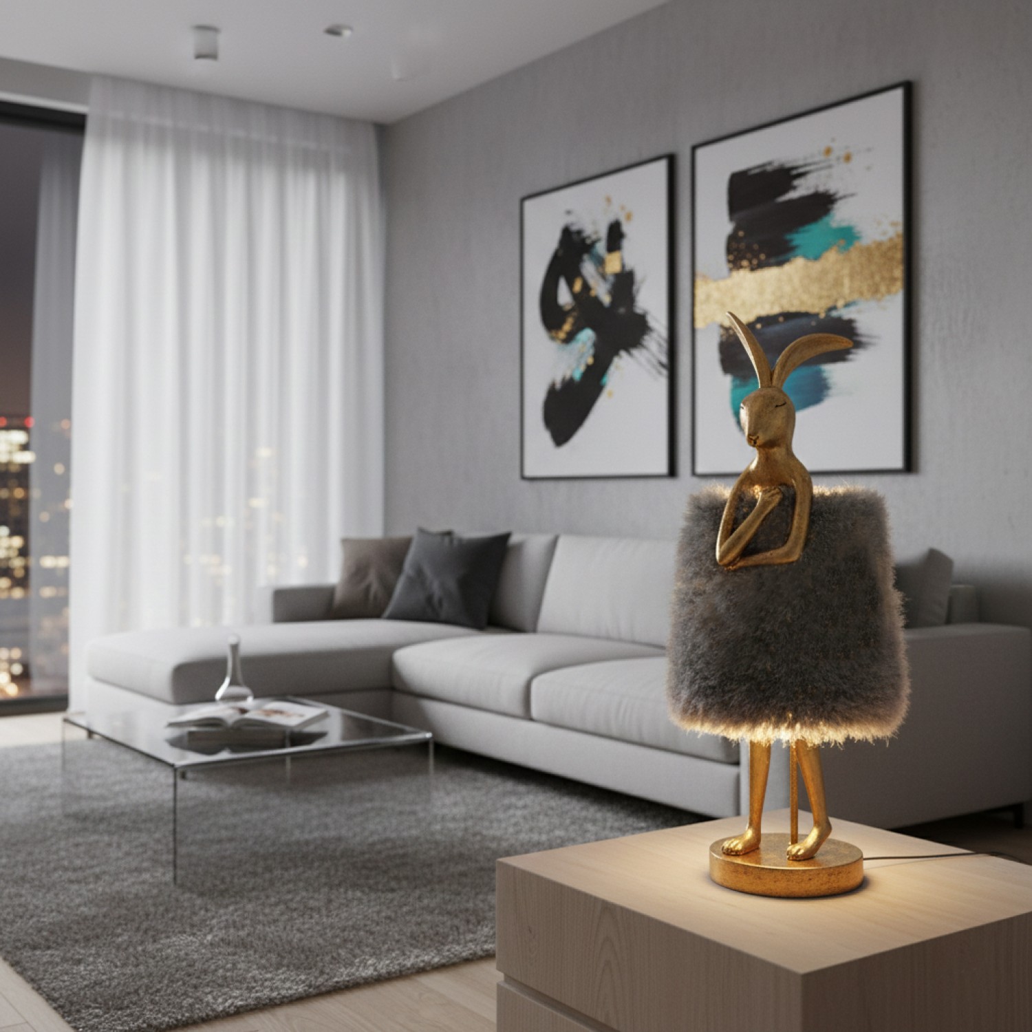 Снимка на Декоративна настолна лампа Bunny Fluffy | Зайче със сива рокля | 51cm