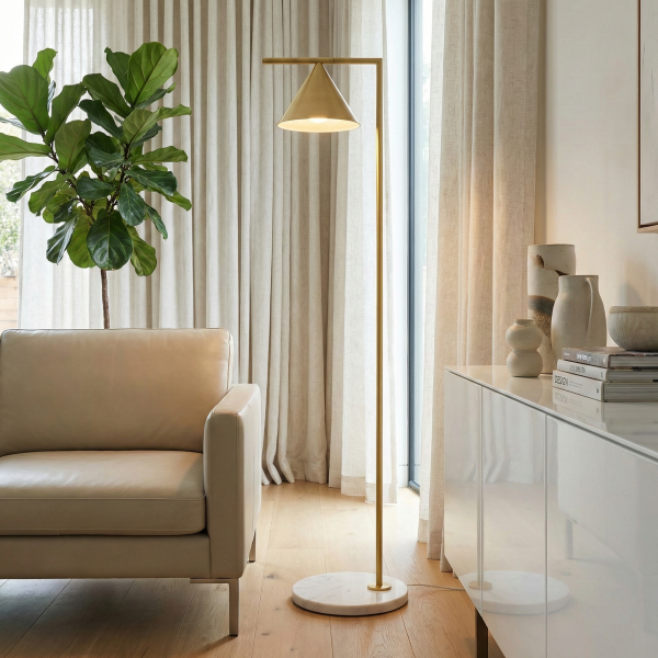 Детайлно изображение на Подова лампа Caleo | Матово златист | 155cm | Мраморна основа Снимка на Подова лампа Caleo | Матово златист | 155cm | Мраморна основа