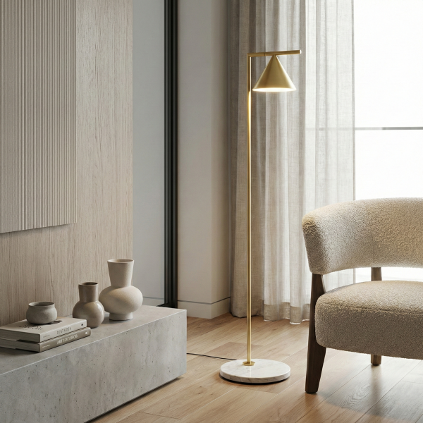 Детайлно изображение на Подова лампа Caleo | Матово златист | 155cm | Мраморна основа Снимка на Подова лампа Caleo | Матово златист | 155cm | Мраморна основа