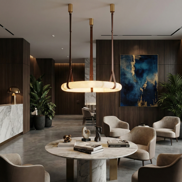 Снимка на Висящ полилей Marble | Камък алабастър и кожа | 3000K | Кафяв