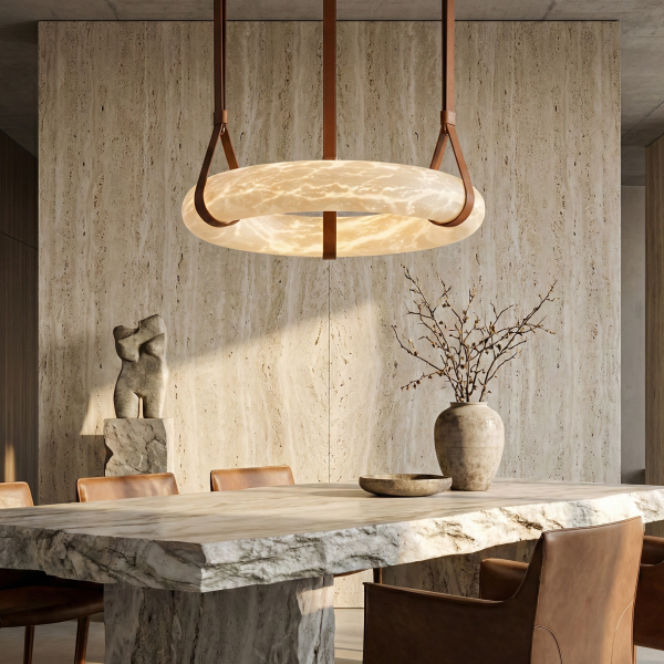 Снимка на Висящ полилей Marble | Камък алабастър и кожа | 3000K | Кафяв