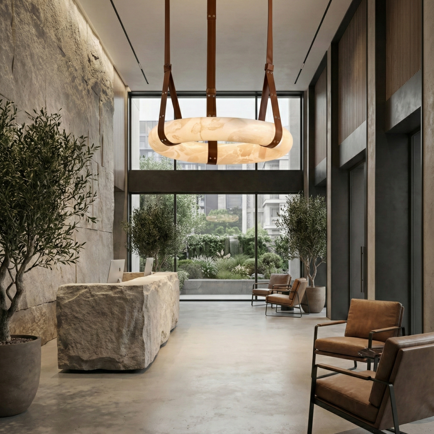 Снимка на Висящ полилей Marble | Камък алабастър и кожа | 3000K | Кафяв