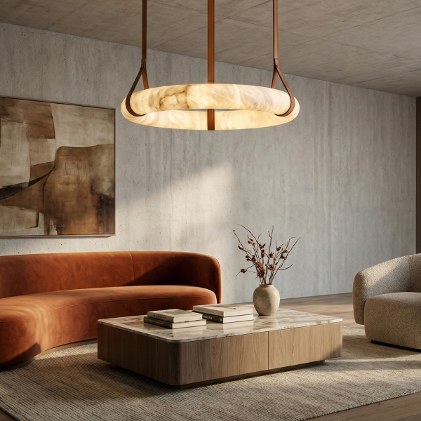 Снимка на Висящ полилей Marble | Камък алабастър и кожа | 3000K | Кафяв
