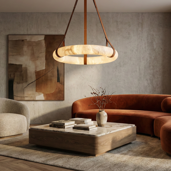 Снимка на Висящ полилей Marble | Камък алабастър и кожа | 3000K | Кафяв