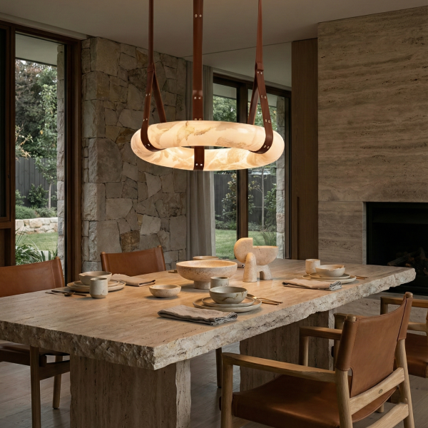 Снимка на Висящ полилей Marble | Камък алабастър и кожа | 3000K | Кафяв