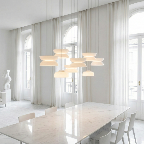 Детайлно изображение на Дизайнерски пендел Pluto Double | Бяло стъкло | 14W | 3000K Снимка на Дизайнерски пендел Pluto Double | Бяло стъкло | 14W | 3000K