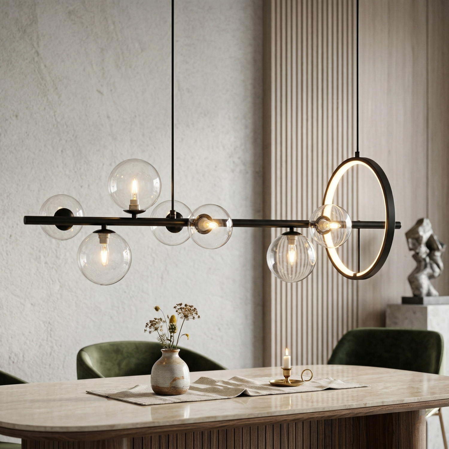 Снимка на Висящ полилей с LED ринг и 7 стъклени сфери Carina Line 7 (90 см) - Висящи лампи