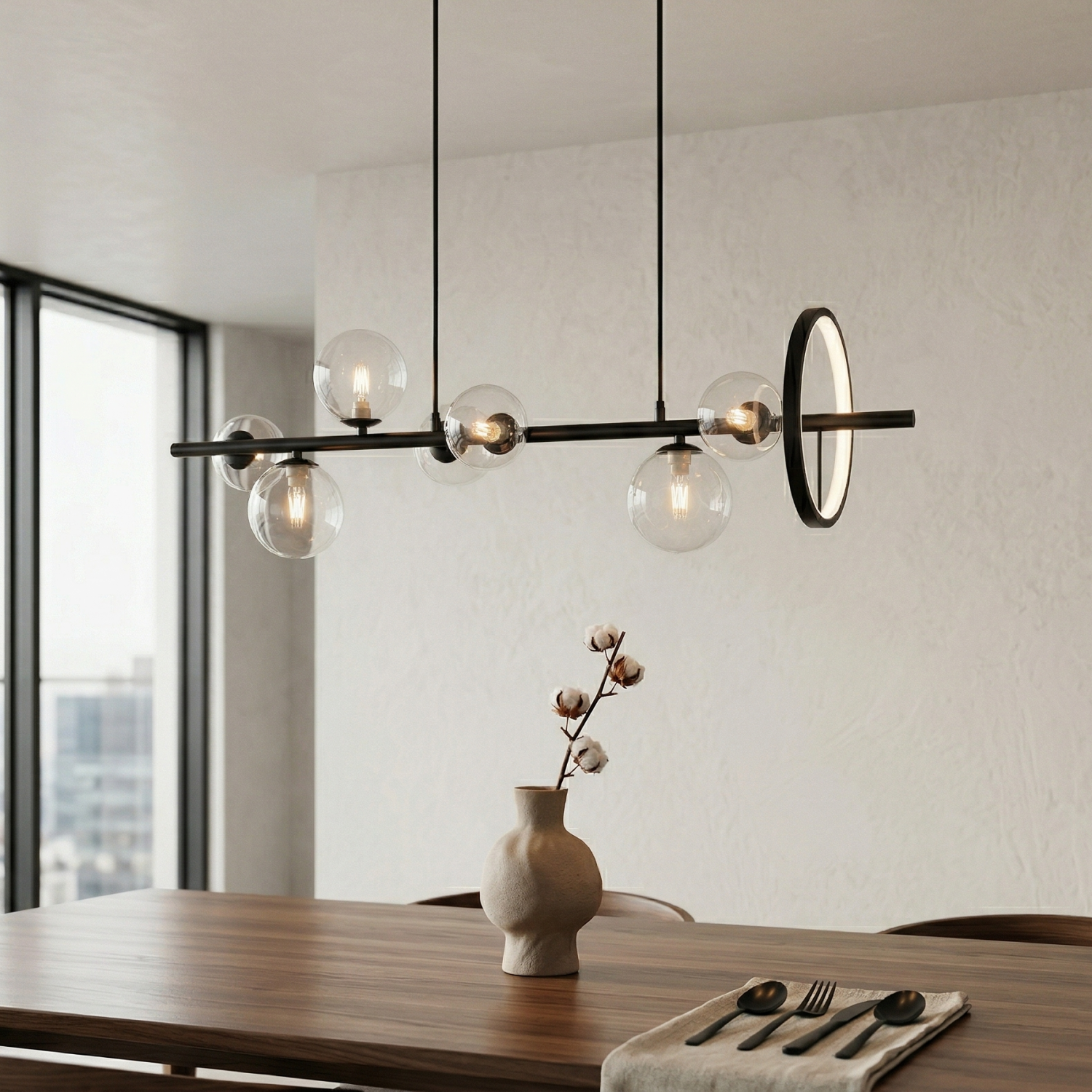 Снимка на Висящ полилей с LED ринг и 7 стъклени сфери Carina Line 7 (90 см) - Висящи лампи