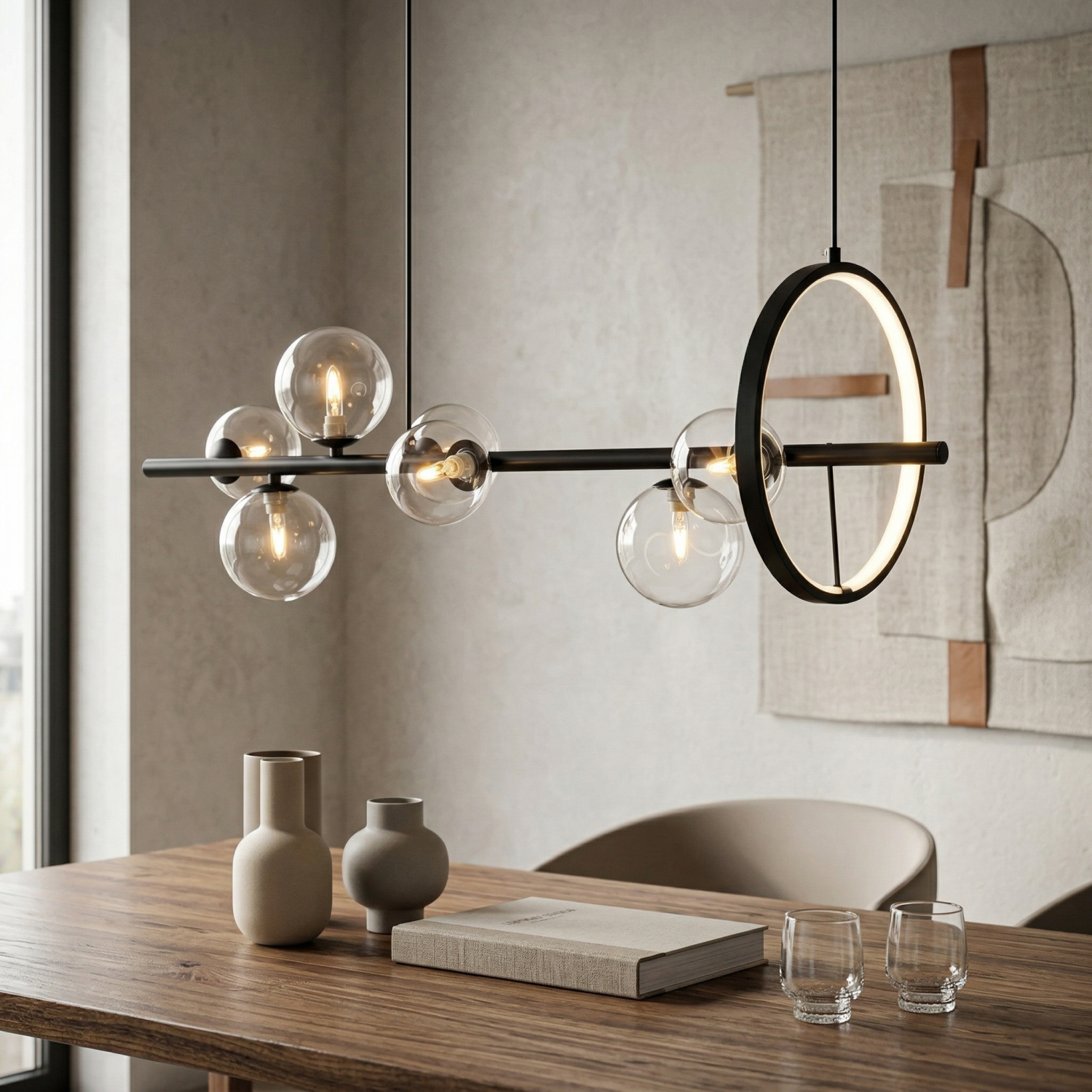 Снимка на Висящ полилей с LED ринг и 7 стъклени сфери Carina Line 7 (90 см) - Висящи лампи