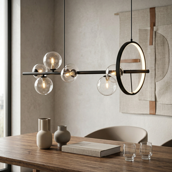 Снимка на Висящ полилей с LED ринг и 7 стъклени сфери Carina Line 7 (90 см) - Висящи лампи