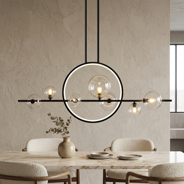 Снимка на Висящ полилей с LED ринг и 7 стъклени сфери Carina Single Line (100 см) - Висящи лампи