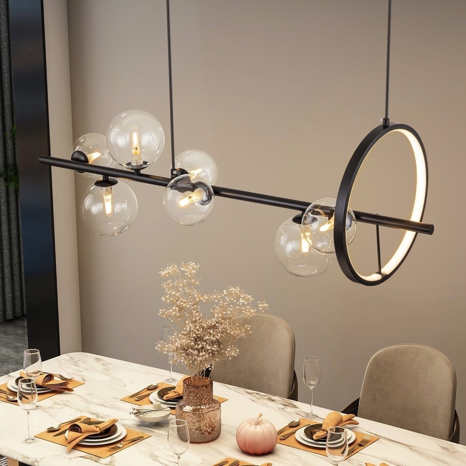 Снимка на Висящ полилей Carina Line 7 | LED ринг | 7 стъклени сфери | 90 см