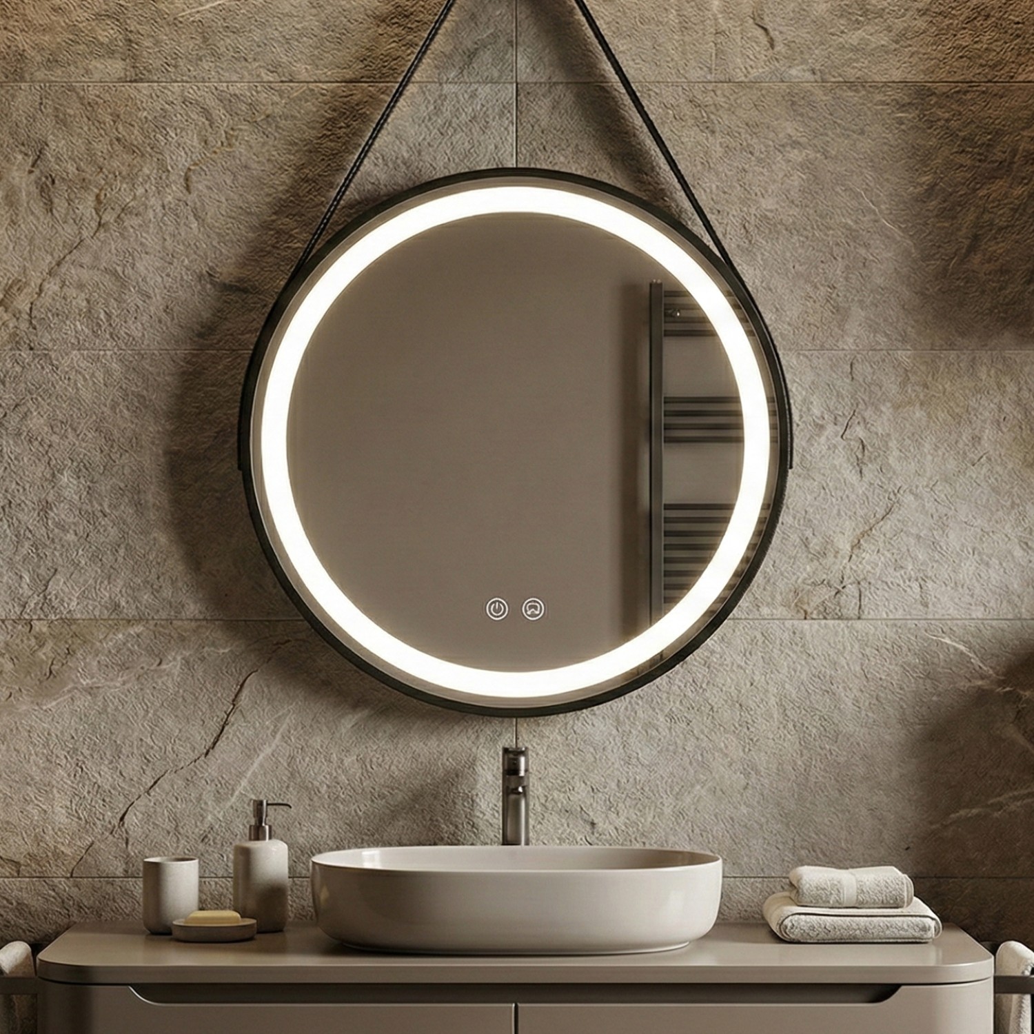 Снимка на Кръгло LED огледало с кожен колан Leather 60cm | Anti Fog | Touch Control