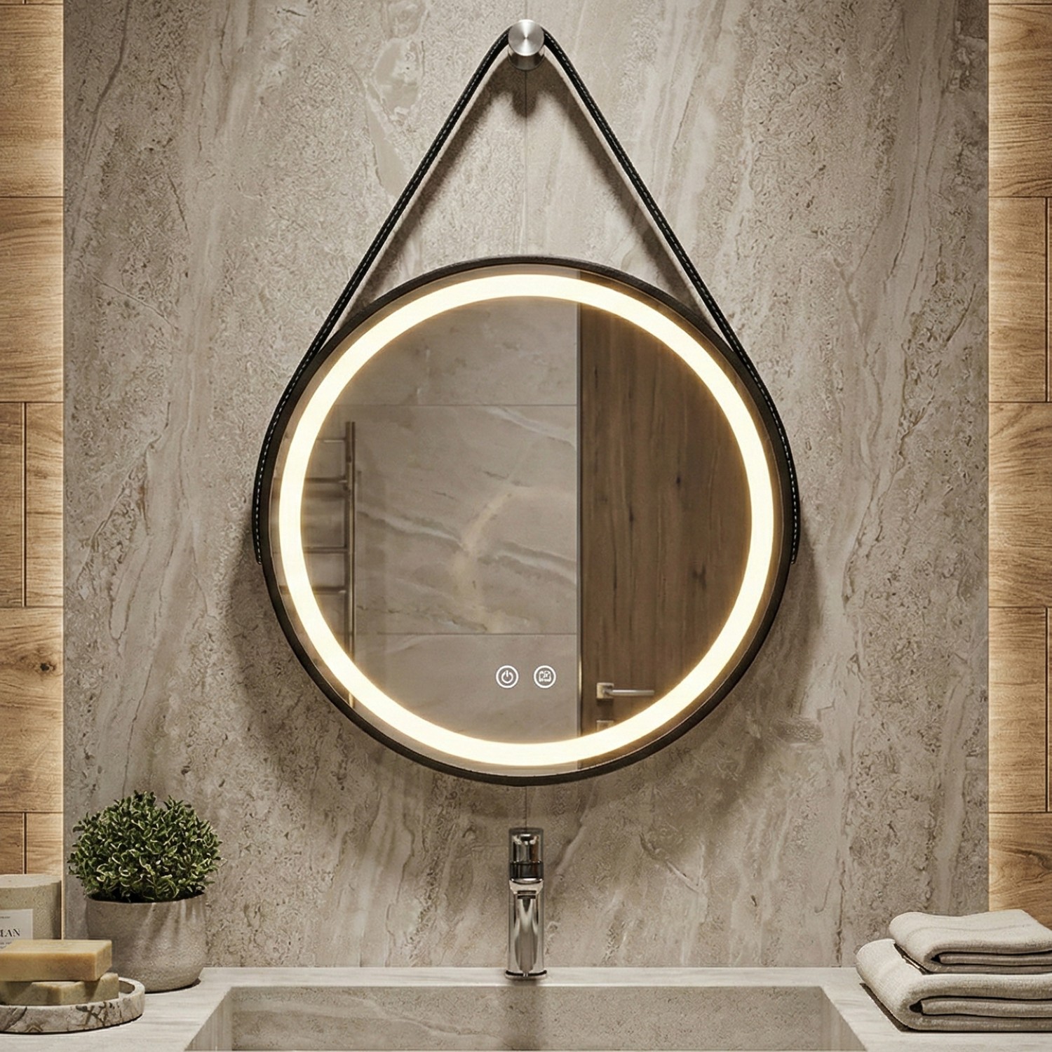 Снимка на Кръгло LED огледало с кожен колан Leather 60cm | Anti Fog | Touch Control