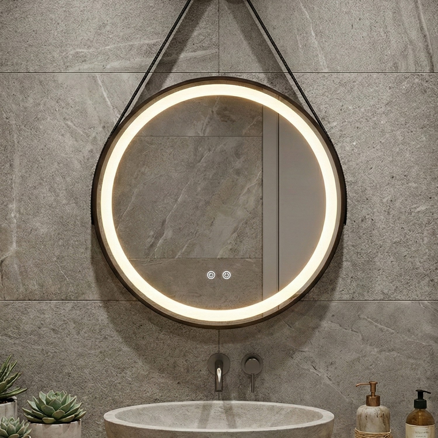 Снимка на Кръгло LED огледало Leather | Кожен колан | 60cm | Anti Fog | Touch Control