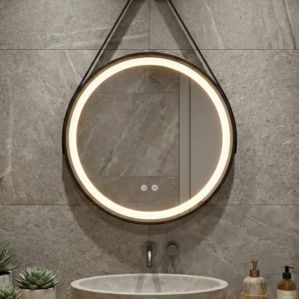 Снимка на Кръгло LED огледало Leather | Кожен колан | 60cm | Anti Fog | Touch Control