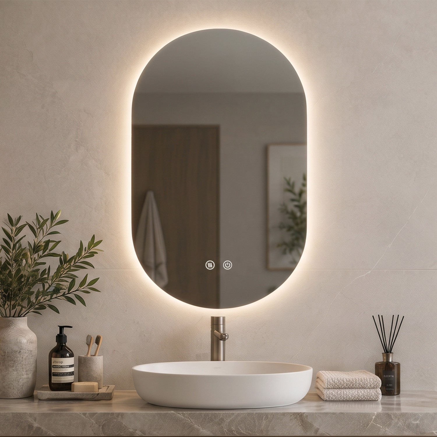 Детайлно изображение на LED огледало Oval 50x80 см | Anti Fog | Touch Control | IP54 Снимка на LED огледало Oval 50x80 см | Anti Fog | Touch Control | IP54
