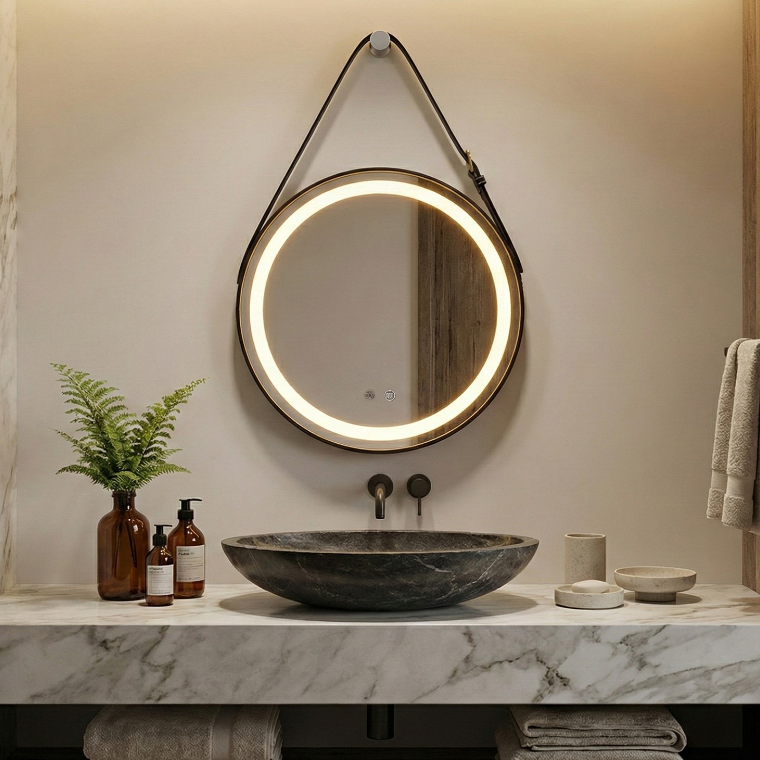 Снимка на Кръгло LED огледало с кожен колан Strap 60cm | Anti Fog | Touch Control