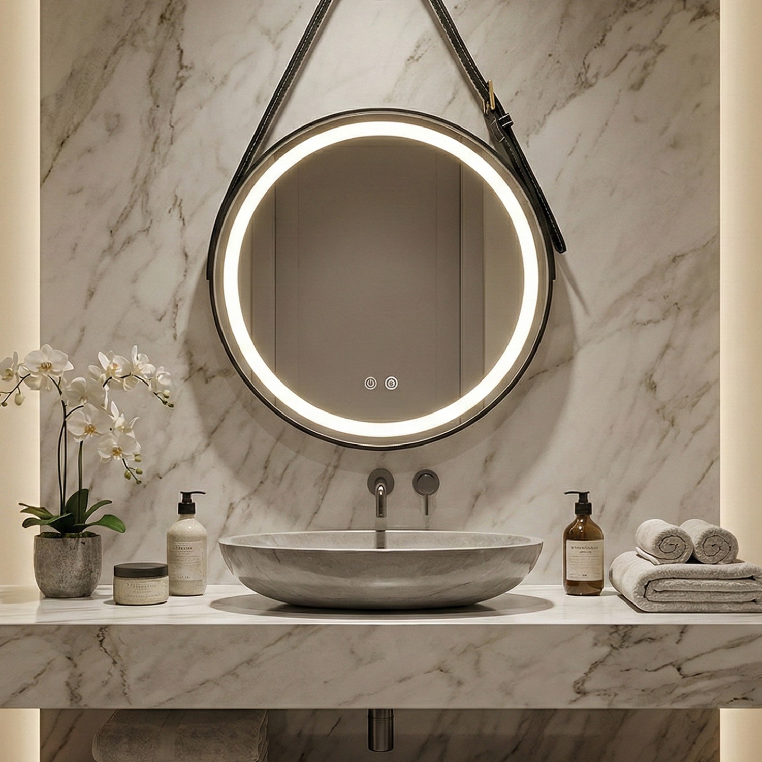 Снимка на Кръгло LED огледало с кожен колан Strap 60cm | Anti Fog | Touch Control