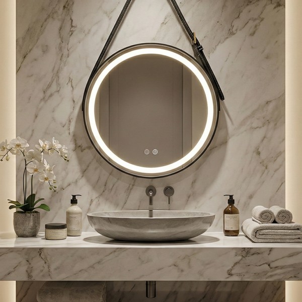 Снимка на Кръгло LED огледало с кожен колан Strap 60cm | Anti Fog | Touch Control