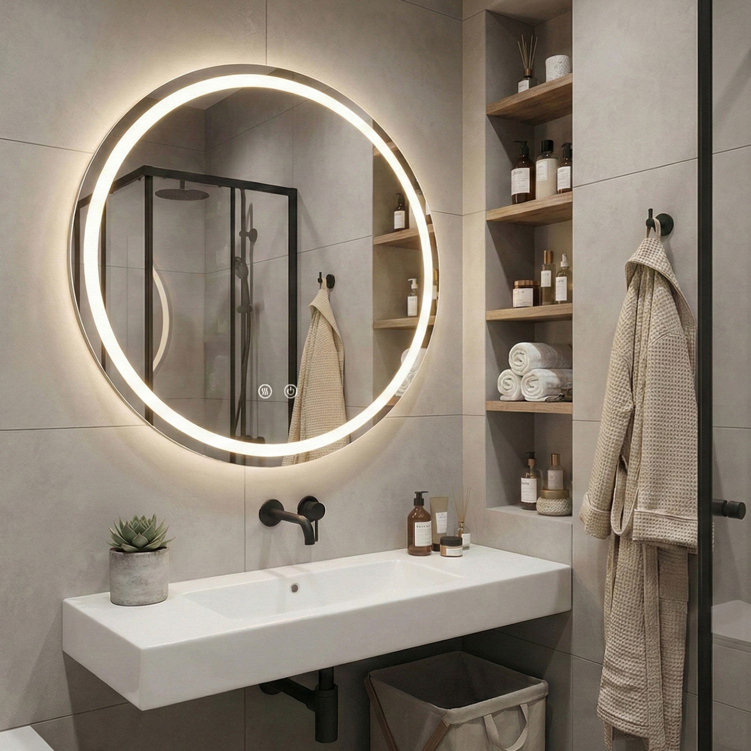Детайлно изображение на LED Mirror Sun 60cm | Double Light Ring | Anti-Fog | Touch Control | IP54 Снимка на LED Mirror Sun 60cm | Double Light Ring | Anti-Fog | Touch Control | IP54