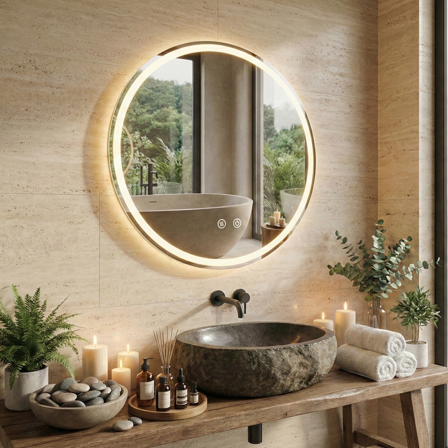 Детайлно изображение на LED Mirror Sun 60cm | Double Light Ring | Anti-Fog | Touch Control | IP54 Снимка на LED Mirror Sun 60cm | Double Light Ring | Anti-Fog | Touch Control | IP54